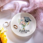 Personalized Birth Flower Bouquet Graduation Cap Ceramic Jewellery Dish with Name and Year Graduation Gift for Her