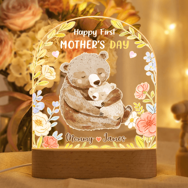 Personlig söt blomma djur akryl nattlampa med namn och träbas rumsdekoration födelsedag mors dag present till ny mamma