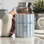 Personalized Blue Stripe Bow 11/15 oz Ceramic Coffee Mug with Text Baby Announcement Birthday Gift for Aunt Family