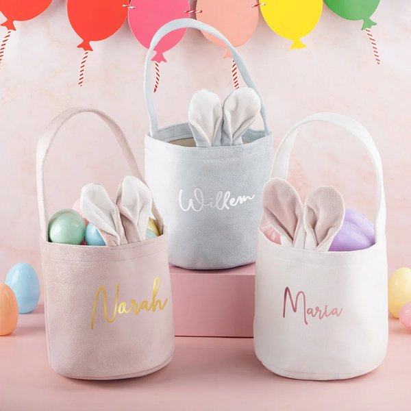 Gepersonaliseerde Schattig Konijn Pluche Buideltas met Oortjes Pluizenbolstaart en Naam Eierenjacht-accessoires Verjaardagspartij Cadeau voor Kinderen