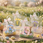 Personalised Wreath Watercolor Beatrix Potter Peter Rabbit Initial Clear Gift Bag with Name and Pink Bow Ribbon Easter Egg Hunting Party Gift for Kids