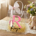 Personlig påskväska med initial och namn söt genomskinlig presentväska med rosa rosett perfekt till barnens äggjakt