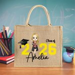 Personalized Cartoon Graduate Character Large Jute Tote Bag with Name Travel Essentials Graduation Gift for Women Men