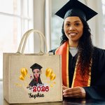 Personalized Cartoon Graduate Character Large Jute Tote Bag with Name Graduation Birthday Gift for Women Girls