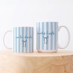 Personalized Blue Stripe Bow 11/15 oz Ceramic Coffee Mug with Text Baby Announcement Birthday Gift for Aunt Family