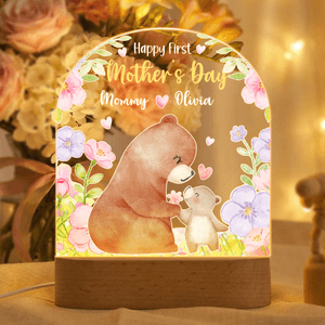Personalised Flower Cute Bear Acrylic LED Night Light with Name and Wooden Base Mother's Day Birthday Gift for Mothers Kids