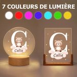 Veilleuse LED Personnalisée avec Nom et Motif d'Animal Décoraton de Chambre avec Socle en Bois Cadeau Anniversaire Noël pour Bébés Enfants