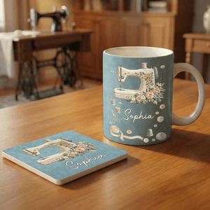 Personalised Scissors Button Sewing Machine Pattern 11 oz 15 oz Ceramic Mug with Name Daily Drinking Birthday Gift for Mother Seamstress