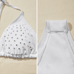 Gepersonaliseerd Wit Glitter Bergkristal Driehoek Bikini Zwempak met Naam Strand Vakantie Huwelijksreis Cadeau voor Bruid