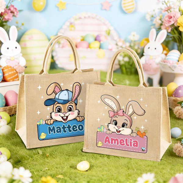 Gepersonaliseerde Schattige Paashaas met Strik of Hoed Grote Juten Tas met Naam voor Paaseieren Zoeken Paascadeau voor Jongens en Meisjes