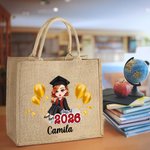 Personalized Cartoon Graduate Character Large Jute Tote Bag with Name Graduation Birthday Gift for Women Girls