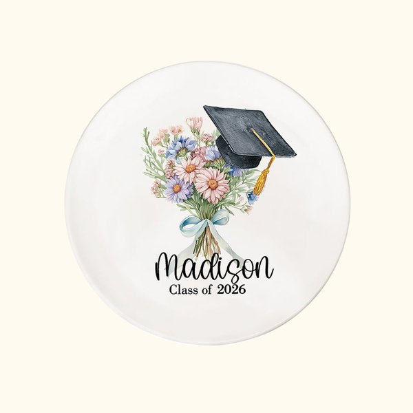 Bouquet di fiori di nascita personalizzato Cappello di laurea Piatto portagioie in ceramica con nome e anno Regalo di laurea per lei