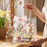 Borsa PVC trasparente personalizzata con nome, iniziale e fiocco, stampa a tema Pasqua - Regalo per bambini