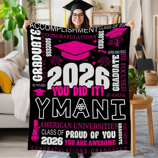 Gepersonaliseerde Class of 2026 You Did It Graduation Cap Zachte Deken met Naam en Jaar Huisdecoratie Afstudeerfeest Cadeau voor Afgestudeerden