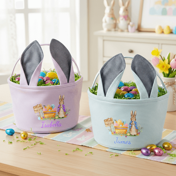 Personalisierte niedliche Kaninchen Ostereier Ohren Streifen Osterkorb mit Namen Ostern Party Gunst Eier jagen Geschenk für Kinder