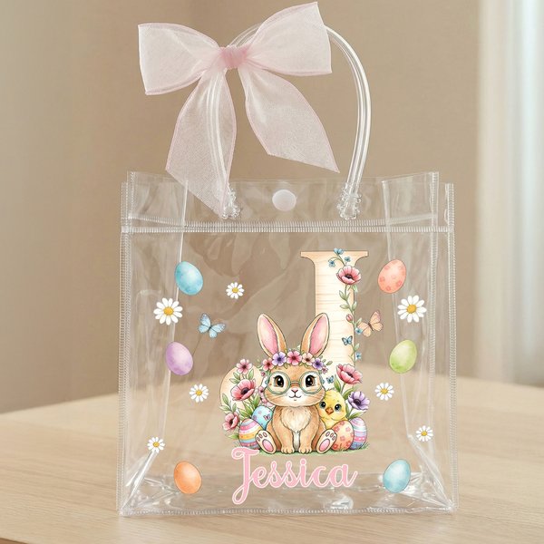 Borsa PVC trasparente personalizzata con nome, iniziale e fiocco, stampa a tema Pasqua - Regalo per bambini