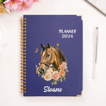 Personalised Horse Flower Butterfly 2026 Planner A5 Spiral Notebook with Name and Weekly Monthly Planner Pages Birthday Gift for Horse Owners Lovers