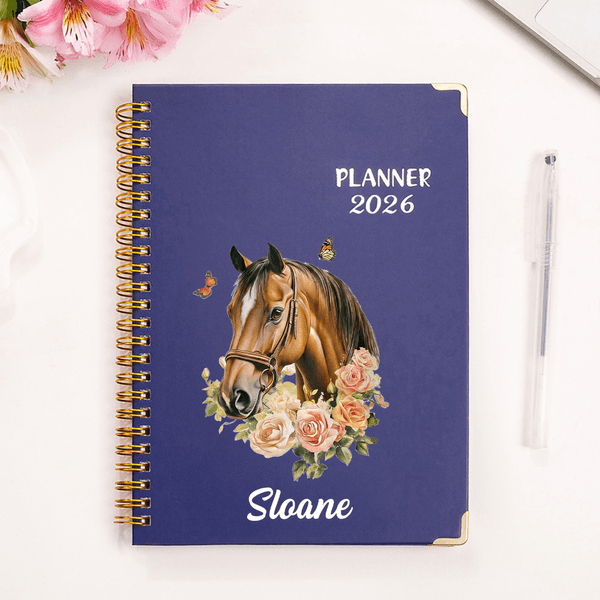 Personalised Horse Flower Butterfly 2026 Planner A5 Spiral Notebook with Name and Weekly Monthly Planner Pages Birthday Gift for Horse Owners Lovers
