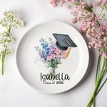 Personalized Birth Flower Bouquet Graduation Cap Ceramic Jewellery Dish with Name and Year Graduation Gift for Her