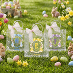 Personalised Wreath Watercolor Beatrix Potter Peter Rabbit Initial Clear Gift Bag with Name and Pink Bow Ribbon Easter Egg Hunting Party Gift for Kids