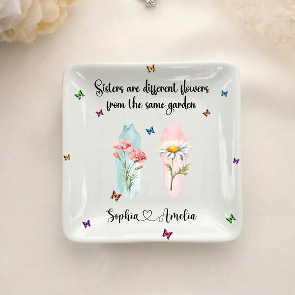 Personalized Birth Flower Square Ceramic Trinket Jewelry Dish with Name and Title Birthday Affirmation Gift for Friends Sisters Besties