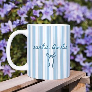 Personalised Blue Stripe Bow 11/15 oz Ceramic Coffee Mug with Text Baby Announcement Birthday Gift for Aunt Family