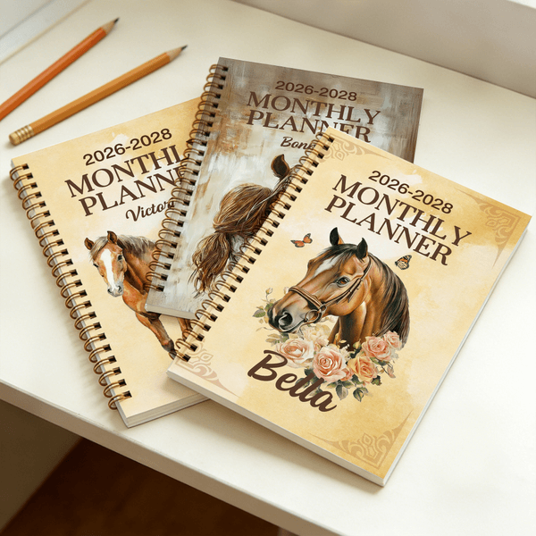 Personalized Horse Theme Name 2026-2028 Spiral Planner Notebook with Monthly Planner Pages Birthday New Year Gift for Horse Lovers Friends