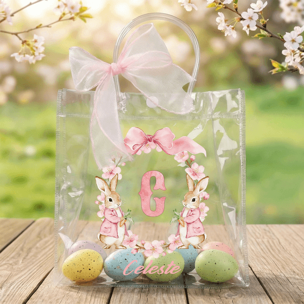 Personalized Wreath Watercolor Beatrix Potter Peter Rabbit Initial Clear Gift Bag with Name and Pink Bow Ribbon Easter Egg Hunting Party Gift for Kids