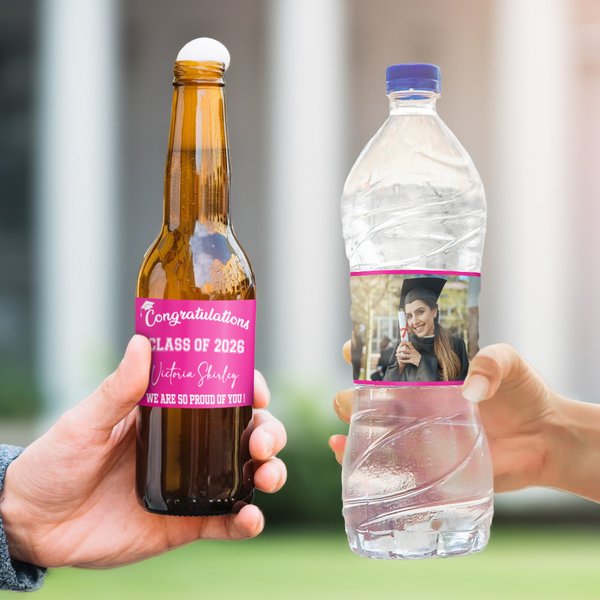 Personalized Waterproof Grad Cap Class of 2026 Photo Design Water Bottle Labels Set of 10 with Name and Date Graduation Party Decor Gift for Graduates