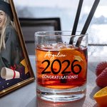 Personalized Class of 2026 Graduates Graduation Cap 10 oz Old Fashioned Whiskey Glass with Name Text and Year Graduation Gift for Graduates