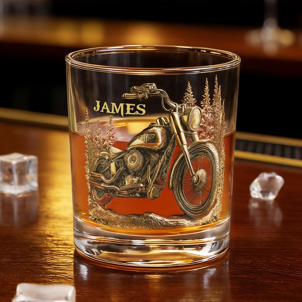 Personalised Cool Motorbike Design 10 oz Rock Whiskey Glass with Name Father's Day Birthday Gift for Man Whiskey Lover