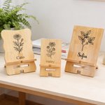 Gepersonaliseerde Bamboe Telefoon- en iPad-houder met Geboortebloem en Naam Draagbare en Afneembare Bureau Organizer Verjaardagscadeau voor Vrouwen