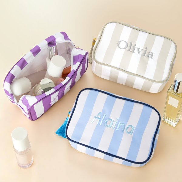 Personalized Multicolour Embroidered Name Striped Makeup Bag with Tassel Travel Essential Birthday Mother's Day Gift for Women