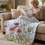 Personalised 1-12 Birth Flowers Soft Throw Blanket with Names and Text Home Decor Mother's Day Birthday Gift for Grandma