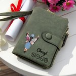 Personalized Cartoon Character Birth Flower Butterfly Tri-Fold PU Leather Wristlet Wallet with Name and Year Graduation Gift for Women Graduates