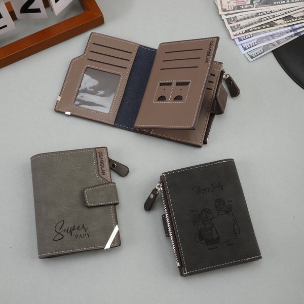 Portefeuille pour Homme Personnalisé avec Photo Initiale Prénom Gravés Porte-billet Triple-pli en Cuir Cadeau Anniversaire Fête des Pères