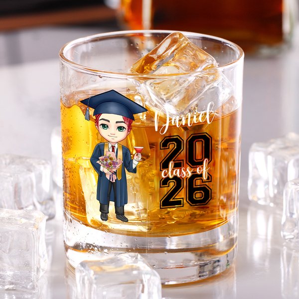 Personligt tecknad Graduate Character 10oz Whiskeyglas med namn och år Grattis Graduation Present till skolkamrater Vänner