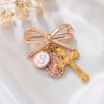 Personalized Virgin Mary Bow Cross Brooch Pin with Initial or Birthstone Birthday Baptism Gift for Woman Baby Christian