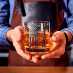 Personalized Vintage American Flag Design 10 oz Rock Whiskey Glass with 1-6 Names Father's Day Birthday Gift for Men Whiskey Lovers