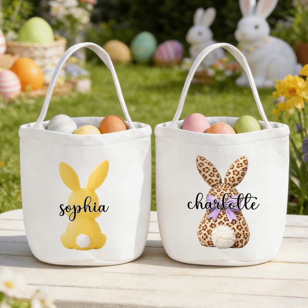 Personalized Cute Watercolor Rabbit Large Capacity Canvas Easter Basket with Name Eggs Hunting Party Easter Day Gift for Kids