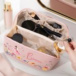 Personalised Ballet Girl Birth Flower Butterfly PU Leather Wide Open Makeup Bag with Name Birthday Gift for Ballerina Ballet Lover