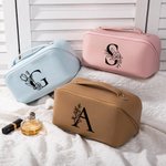 Personalized Floral Initial Leather Makeup Bag with Handle Portable Travel Accessories Birthday Gift for Women