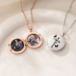 Personalised Cross Birth Flower Photo Locket Necklace Dainty Jewellery Birthday Anniversary Mother's Day Christian Gift for Mom Grandma Woman