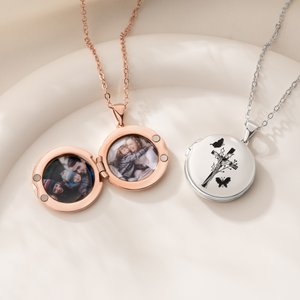 Personalized Cross Birth Flower Photo Locket Necklace Dainty Jewelry Birthday Anniversary Mother's Day Christian Gift for Mom Grandma Woman