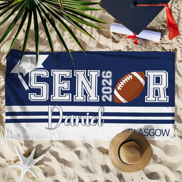 Personalized Graduation Cap Golf Football Quick Dry Oversized Beach Towel with Name School Name and Year Beach Party Graduation Gift for Graduates