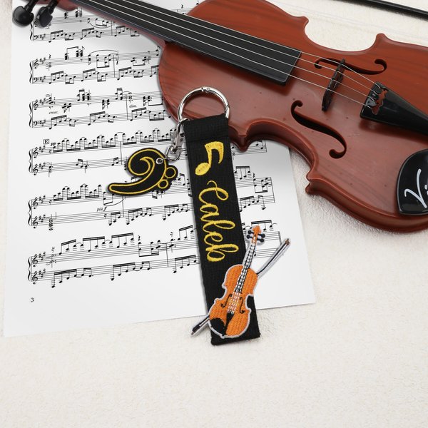 Porte-clés personnalisé brodé violon violoncelle note de musique dorée avec nom Studio de musique Festival Cadeau d'anniversaire pour mélomane musicien