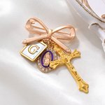 Personalized Virgin Mary Bow Cross Brooch Pin with Initial or Birthstone Birthday Baptism Gift for Woman Baby Christian