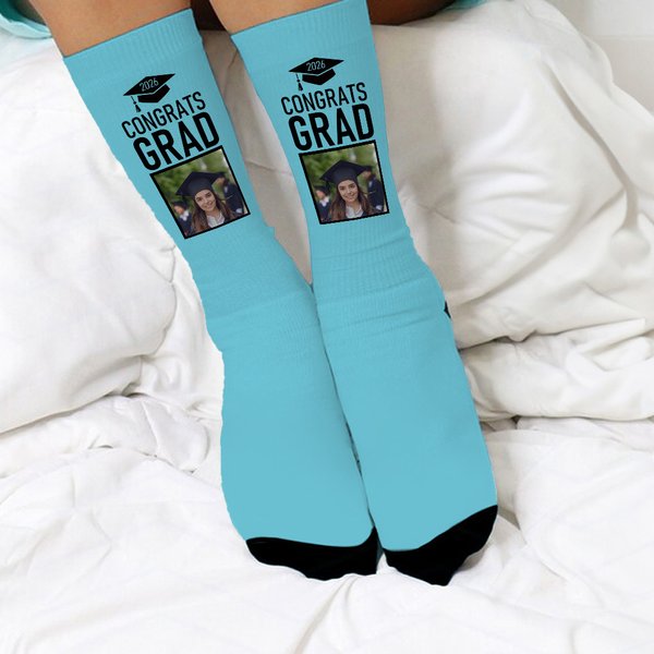 Personalized Graduation Hat Photo Congrats Grad Soft Multicolor Crew Socks with Name Celebration Graduation Gift for Graduates Classmates