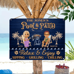 Personalized Cartoon Character Clip Art Horizontal Metal Sign with Text and Name Swimming Pool Decor Birthday Gift for Couples