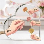 Personalized Birth Flower 1-6 Hands Mom Grandmom Acrylic Heart Plaque with Names Home Decor Birthday Gift for Mother Grandmother